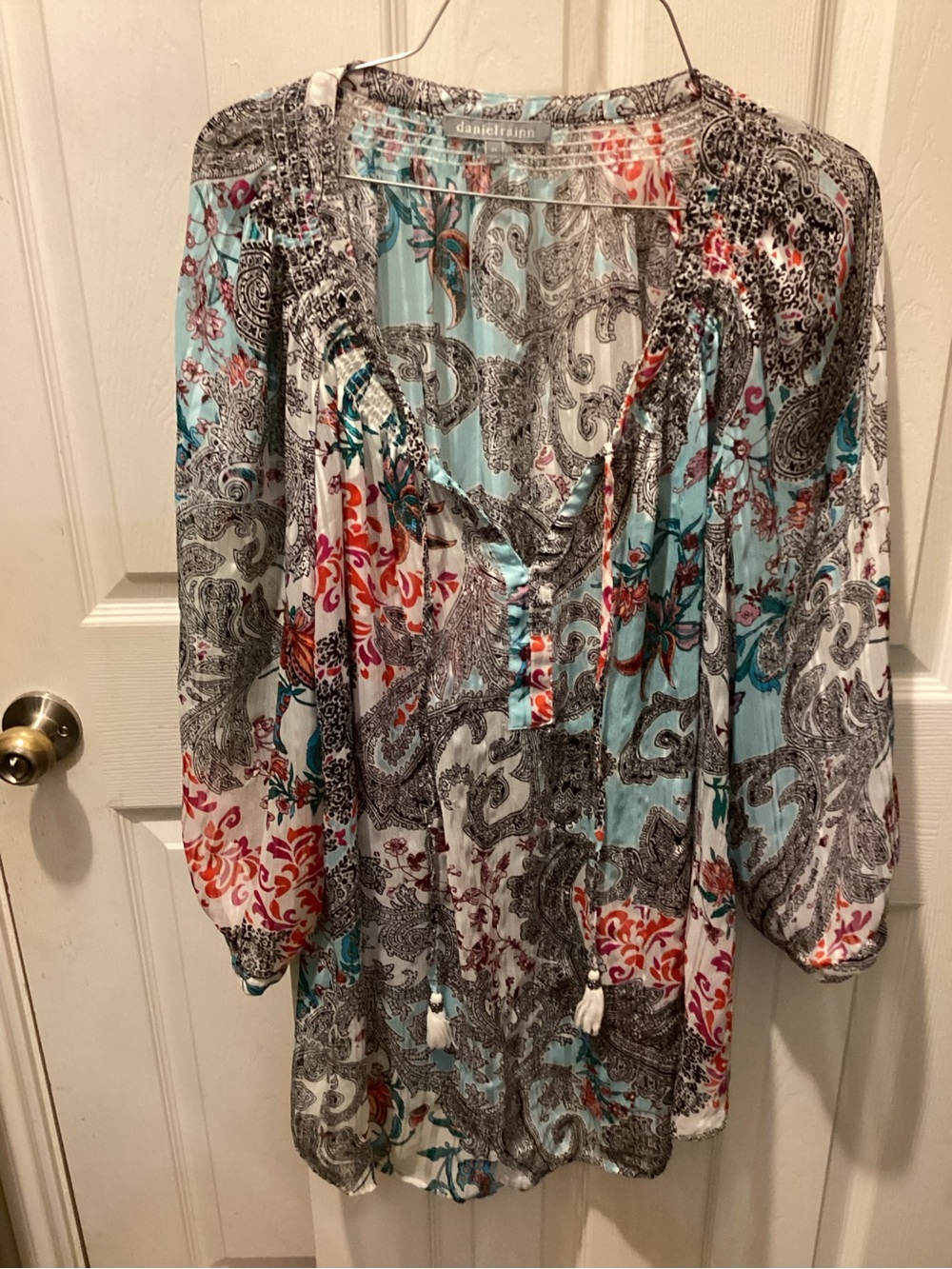 Daniel Rainn Teal and Coral Paisley Tunic Blouse